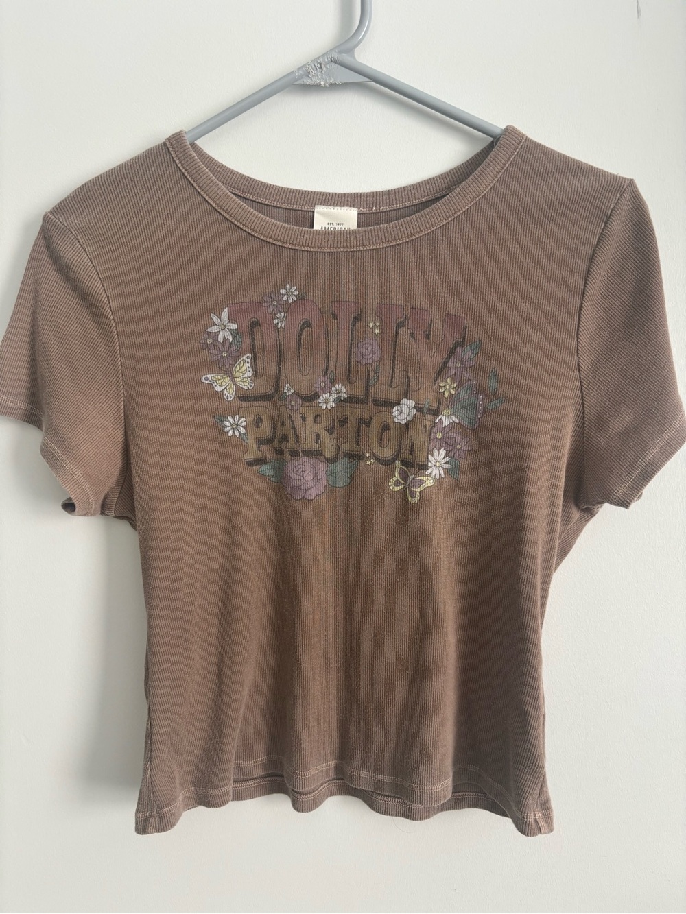 American Eagle Outfitters Brown Dolly Parton Floral Graphic Ribbed Tee